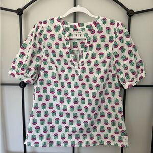 J. Crew Factory Women's White Short-Sleeve Printed Cotton Top - Pink & Green